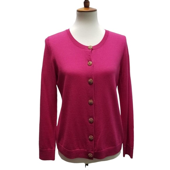 Talbots Sweaters - Talbots Medium Petite Merino Wool Cardigan Sweater Rhinestones Pink Long Slv